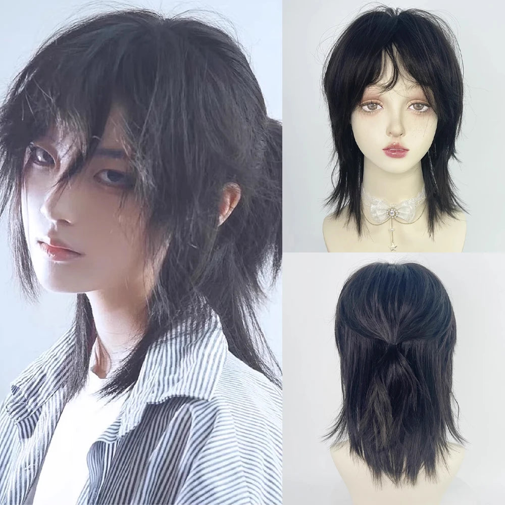 Short Mullet Head Wigs with Bangs Synthetic Straight Anime Men Black Gray Green Hair Wig for Daily Party Cosplay