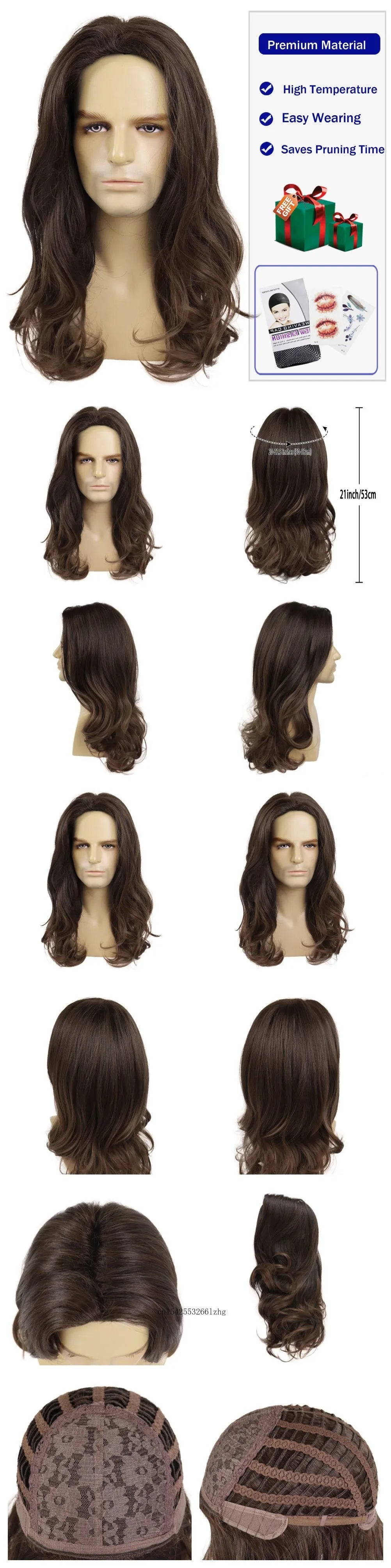 GNIMEGIL Synthetic Middle Part Natural Black Wigs for Men Long Curly Hair Wig with Cap Male Daily Party Costume Cosplay Wear