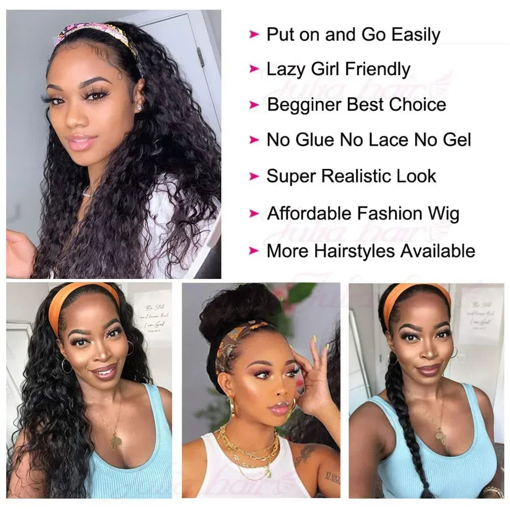 Curly Human Hair Wigs Water Wave Headband Wig No Glue No Lace 180 Density Brazilian Curly Wigs For Women Ready To Wear And Go