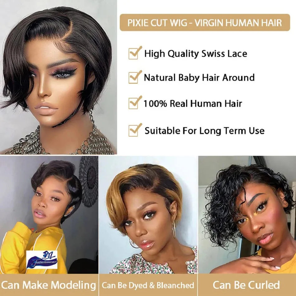 Human Hair 13X2 Wigs Short Pixie Cut Wigs Straight Bob HDTransparent Lace Frontal Wigs For Black Women 250Density Perruque Cheap