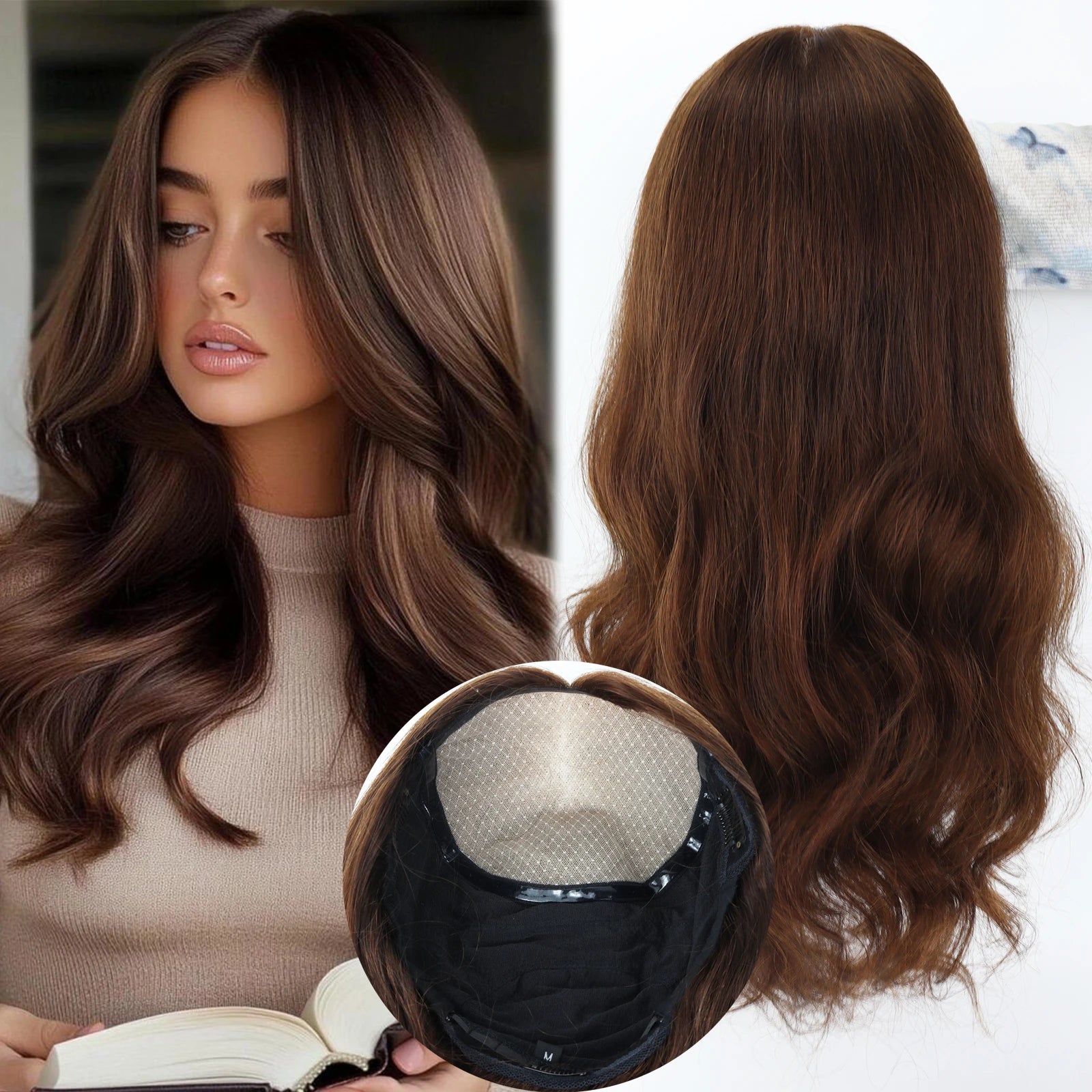 Natural Wave Human Hair Wig Medium Brown Real Virgin European Human Hair Wig for Women 6x6" Silk Base with PU Front