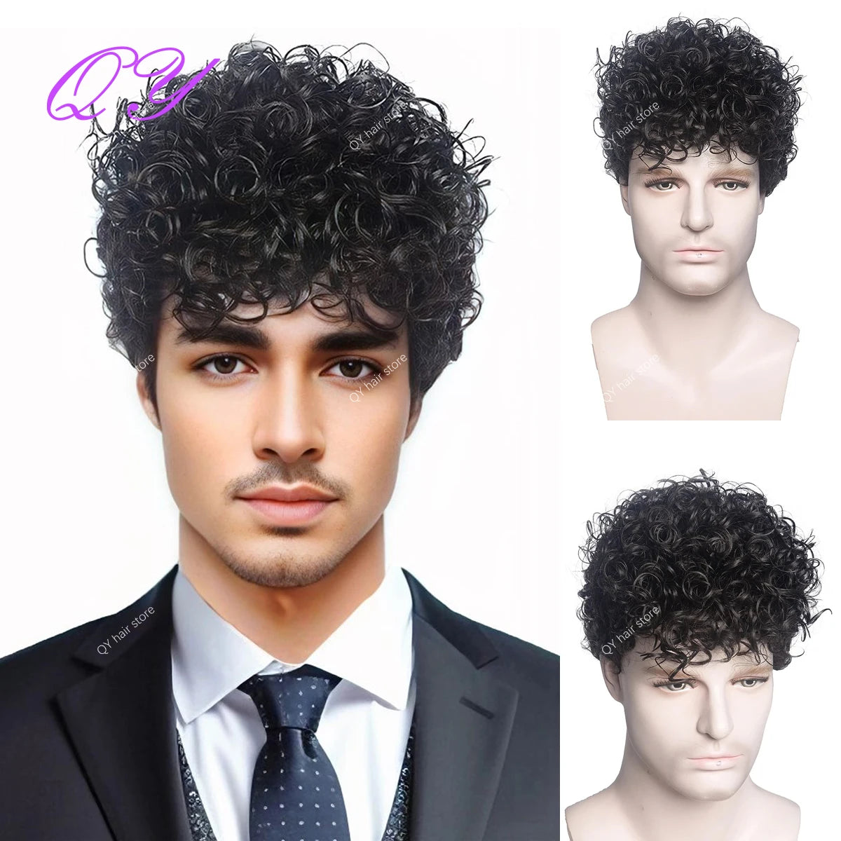 Men's synthetic wig brown (# 4) short curly hair men's wig fashion style adjustable size breathable wig men's 2023