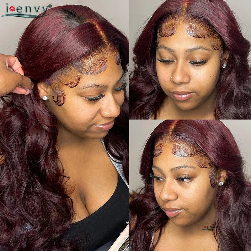 Burgundy Human Hair Wigs Pre Plucked Body Wave 13X4 Hd Lace Frontal Wig For Women Cherry Red Colored Curly Wig On Sale 30 34Inch