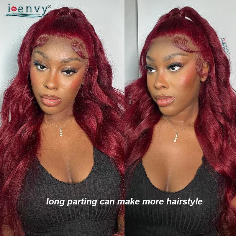 Burgundy Human Hair Wigs Pre Plucked Body Wave 13X4 Hd Lace Frontal Wig For Women Cherry Red Colored Curly Wig On Sale 30 34Inch
