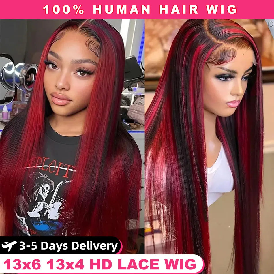 Ombre Highlight Burgundy Wig Human Hair 13x4 Straight Lace Front Wig 13x6 Hd Lace Frontal Wigs 99J Bone Straight Human Hair Wigs