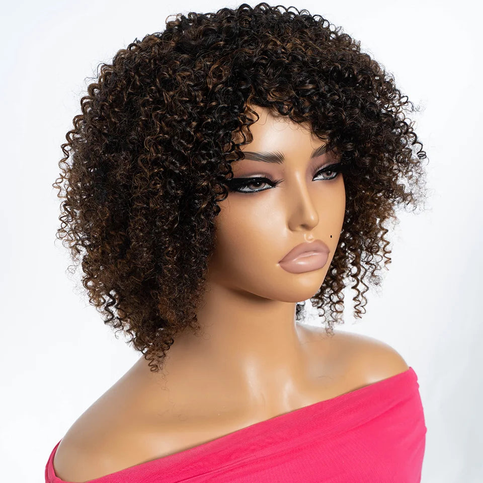Curly Human Hair Wig Short Kinky Curly Wigs For Women 12inches Brown Afro Curly Human Hair Wigs On Clearance Sale 180density