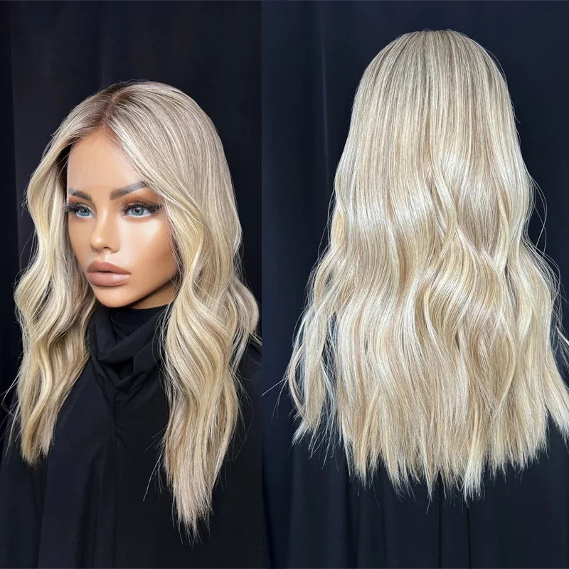 Natural Wave Lace Front Wig Golden Blonde Highlights Synthetic mixed Human Hair Wig Cheap Wigs on clearance Glueless WEar and Go