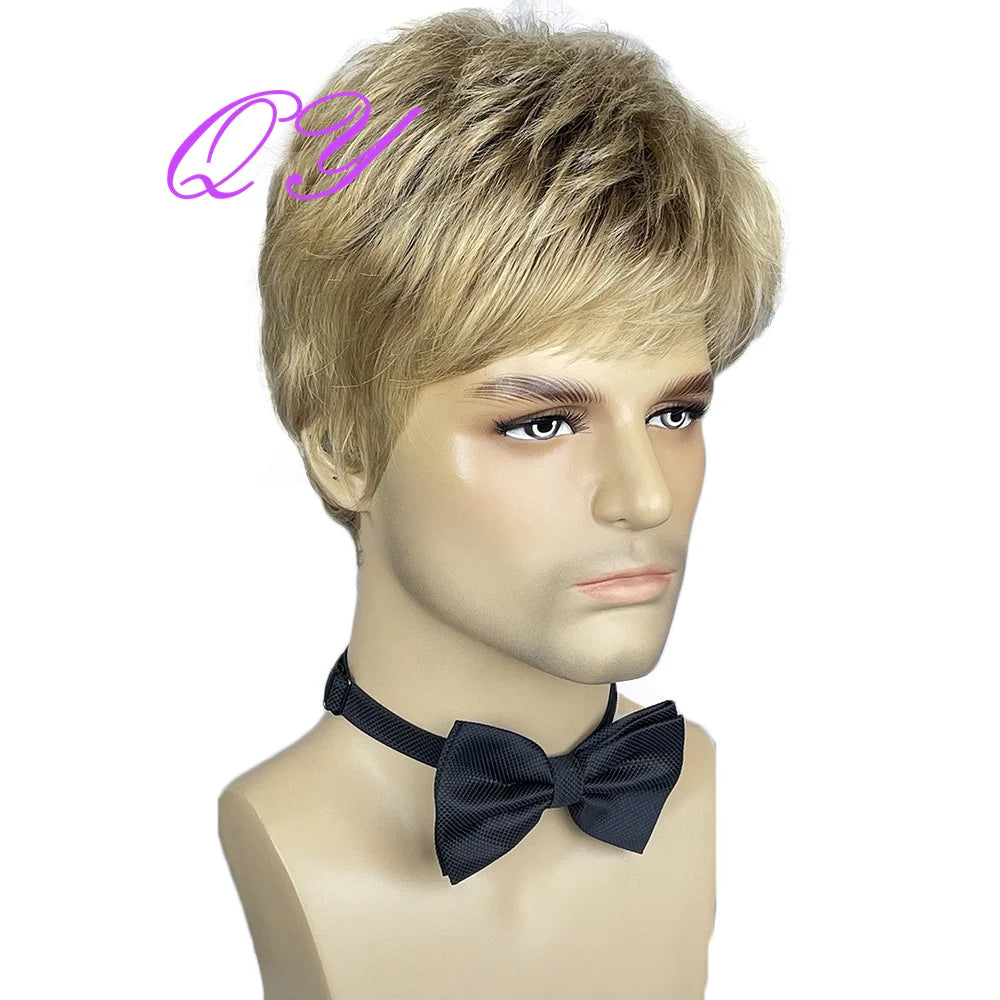 Men's synthetic wig brown (# 4) short curly hair men's wig fashion style adjustable size breathable wig men's 2023