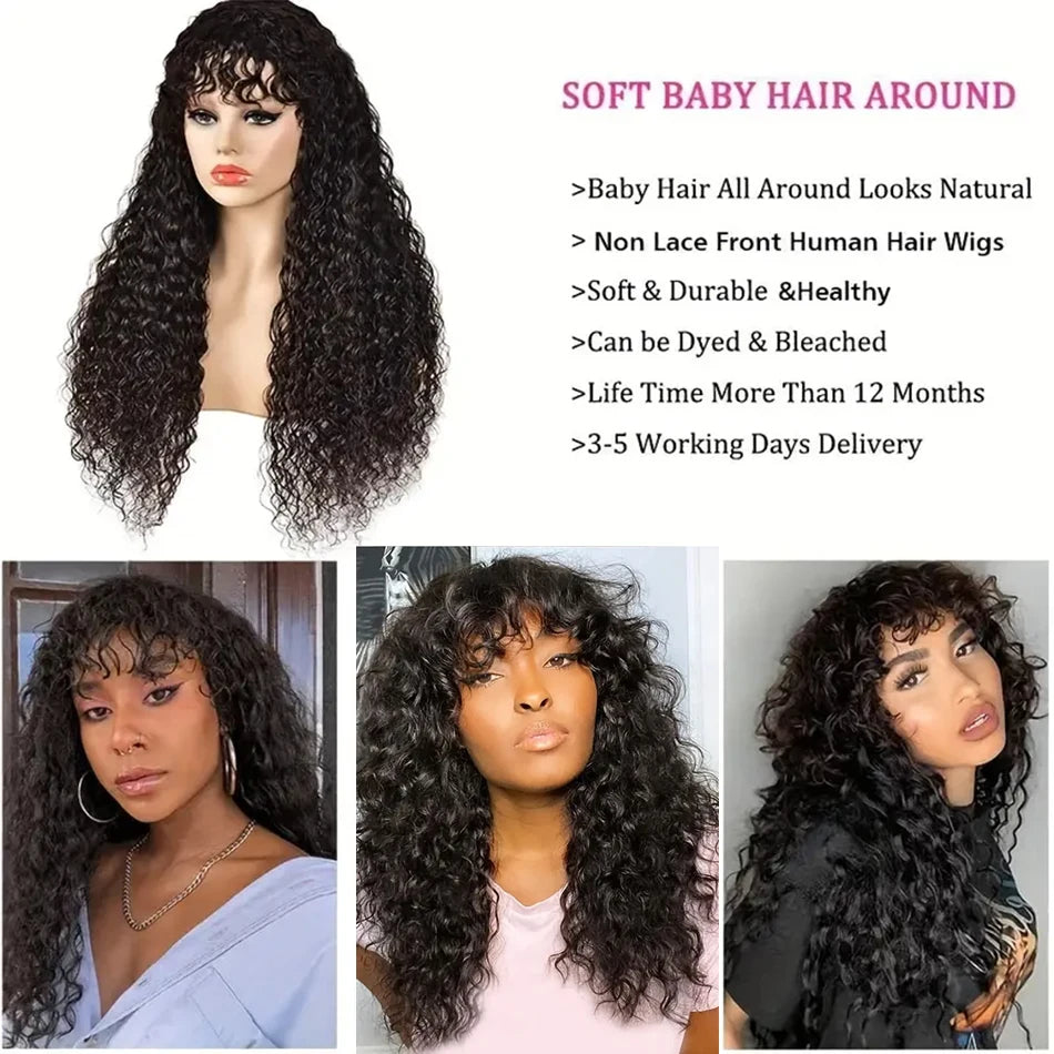 Curly Wig With Bangs Kinky Curly Human Hair Wig With Bangs Full Machine Made Frontal Wig 12A Water Wave Virgin Human Hair Wigs