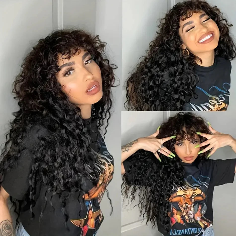 Curly Wig With Bangs Kinky Curly Human Hair Wig With Bangs Full Machine Made Frontal Wig 12A Water Wave Virgin Human Hair Wigs