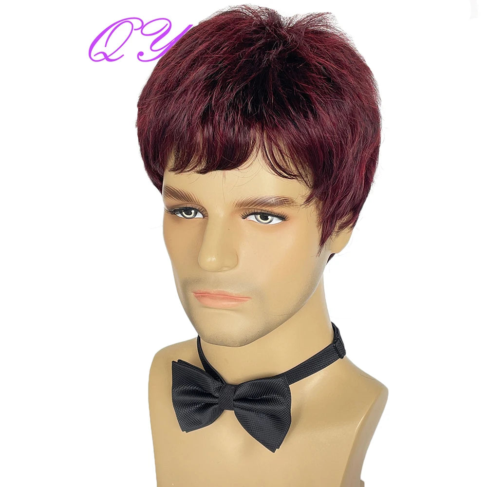 Men's synthetic wig brown (# 4) short curly hair men's wig fashion style adjustable size breathable wig men's 2023