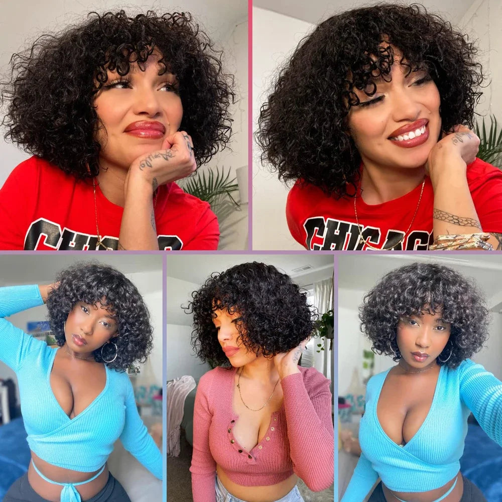 Brazilian Kinky Curly Wig Human Hair Wigs With Bangs Full Machine Made Wigs Cheap Remy Human Hair Culry Glueless Wig For Women