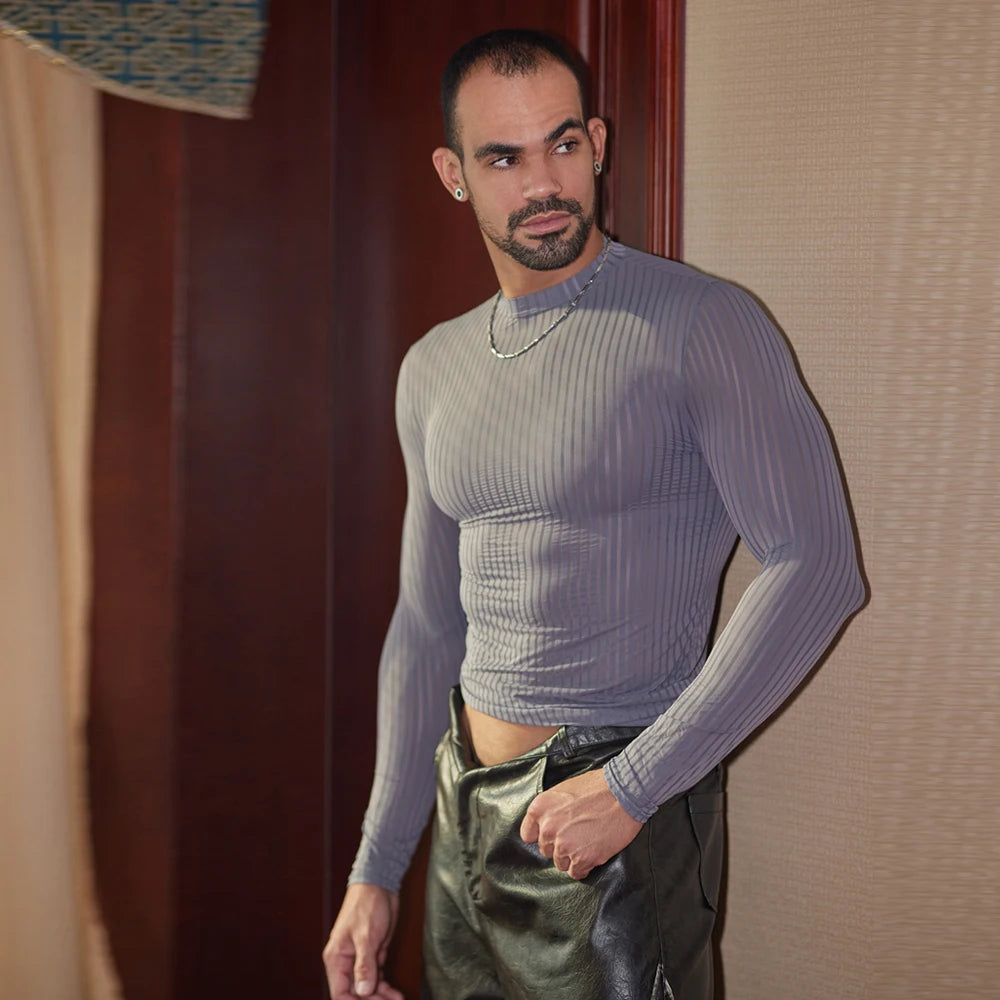 Sex Men Oil Glossy Shiny Breathable T-shrits Stripe Allure Shaper Top Bottom Wear Sheer See Through Elastic Shapewear