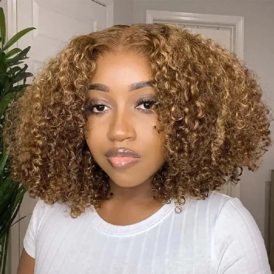 4/27 Highlight Curly Wigs 13x4 HD Transparent Lace Frontal Human Hair Wig Short Brazilian Brown Blonde Color Water Wave Bob Wigs