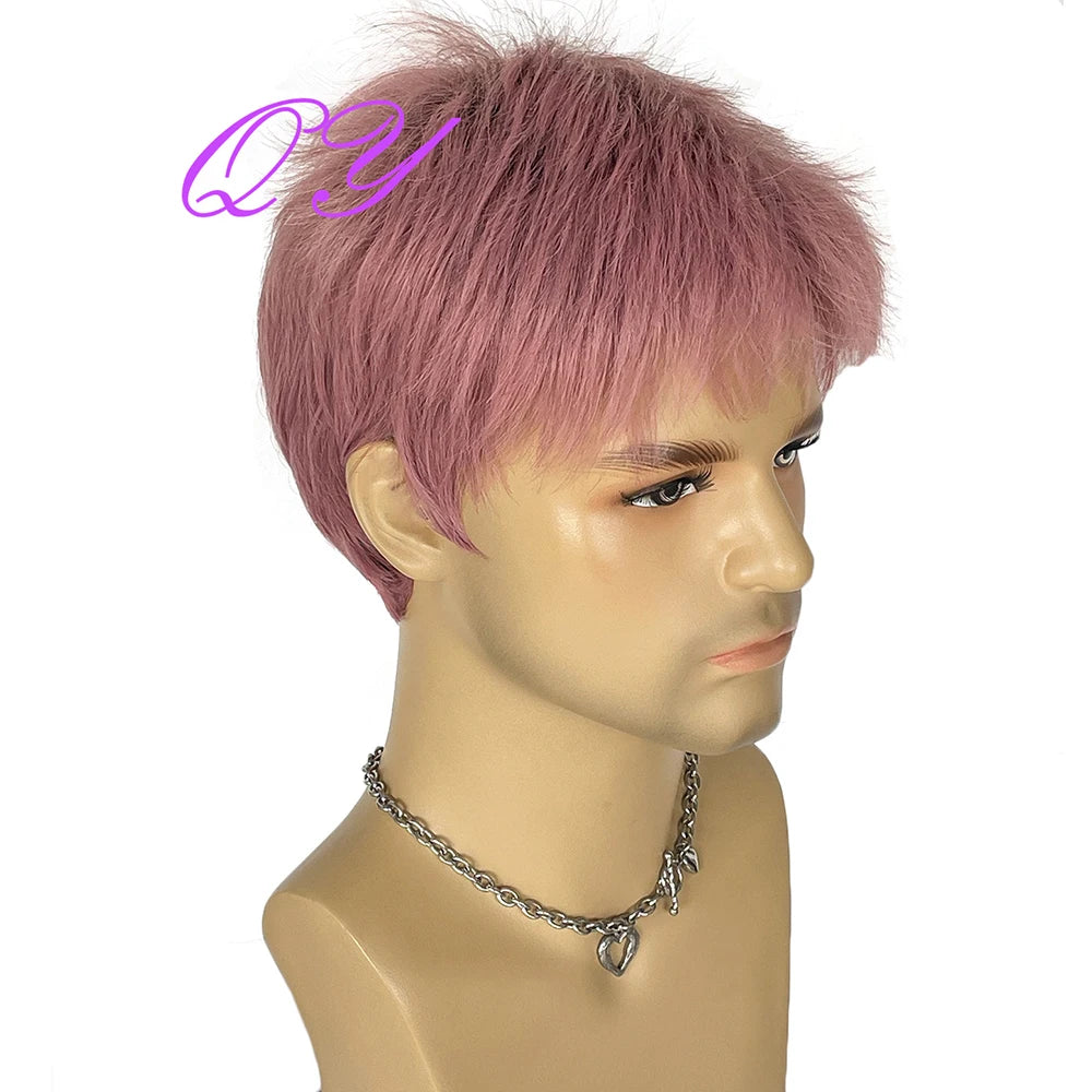Men's synthetic wig brown (# 4) short curly hair men's wig fashion style adjustable size breathable wig men's 2023