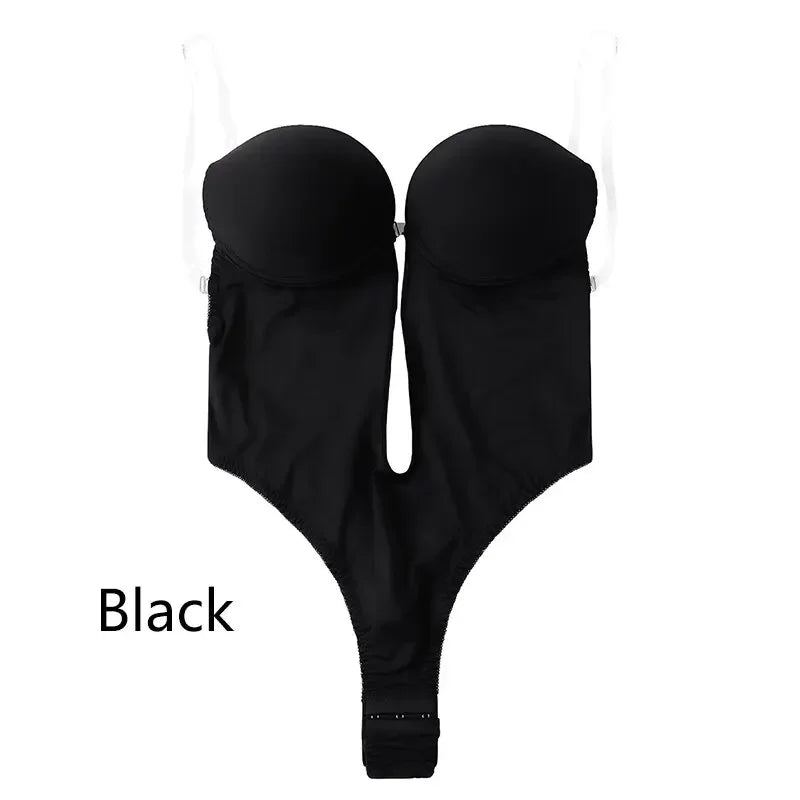 Women Shapers Underwear Backless Bodysuit Shapewear Deep V-Neck Body U Plunge Clear Strap Padded Push Up Corset