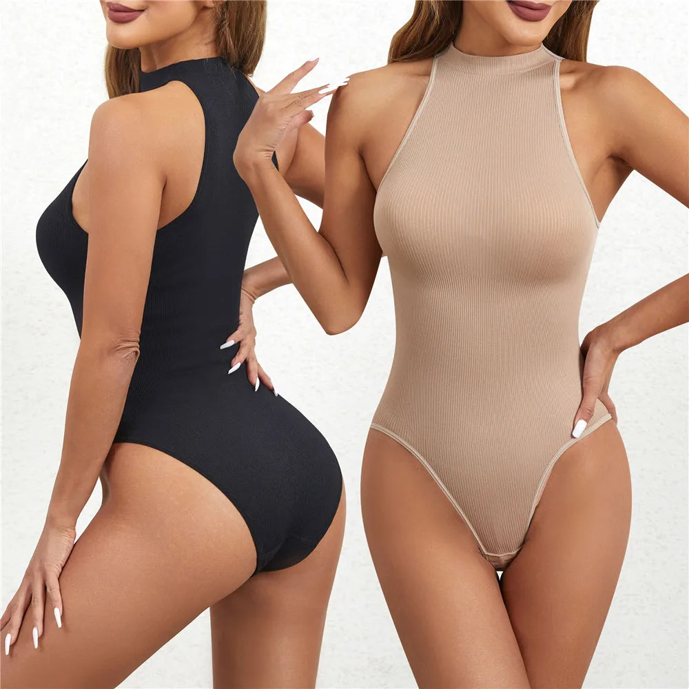 Women Round Neck Shaperwear Bodysuits Sleeveless Adjustable Buckle Tight Fitting Jumpsuit T-shaped Shapewear Corset