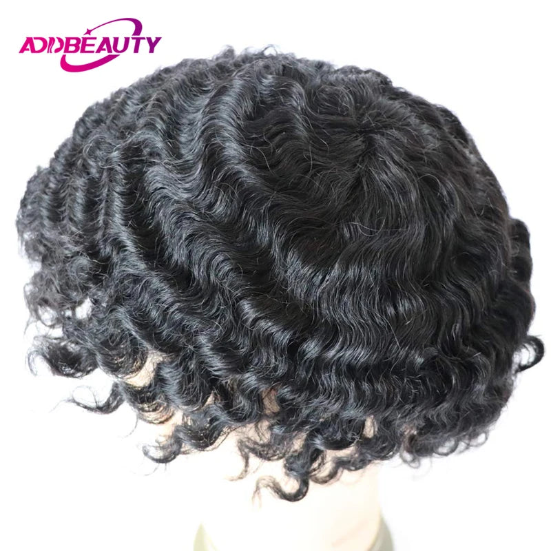 Water Curly Human Hair Wig for Men Thin Skin Male Toupee Human Hair Full PU 0.14cm Man's Wigs Capillary With Knots Natural Color