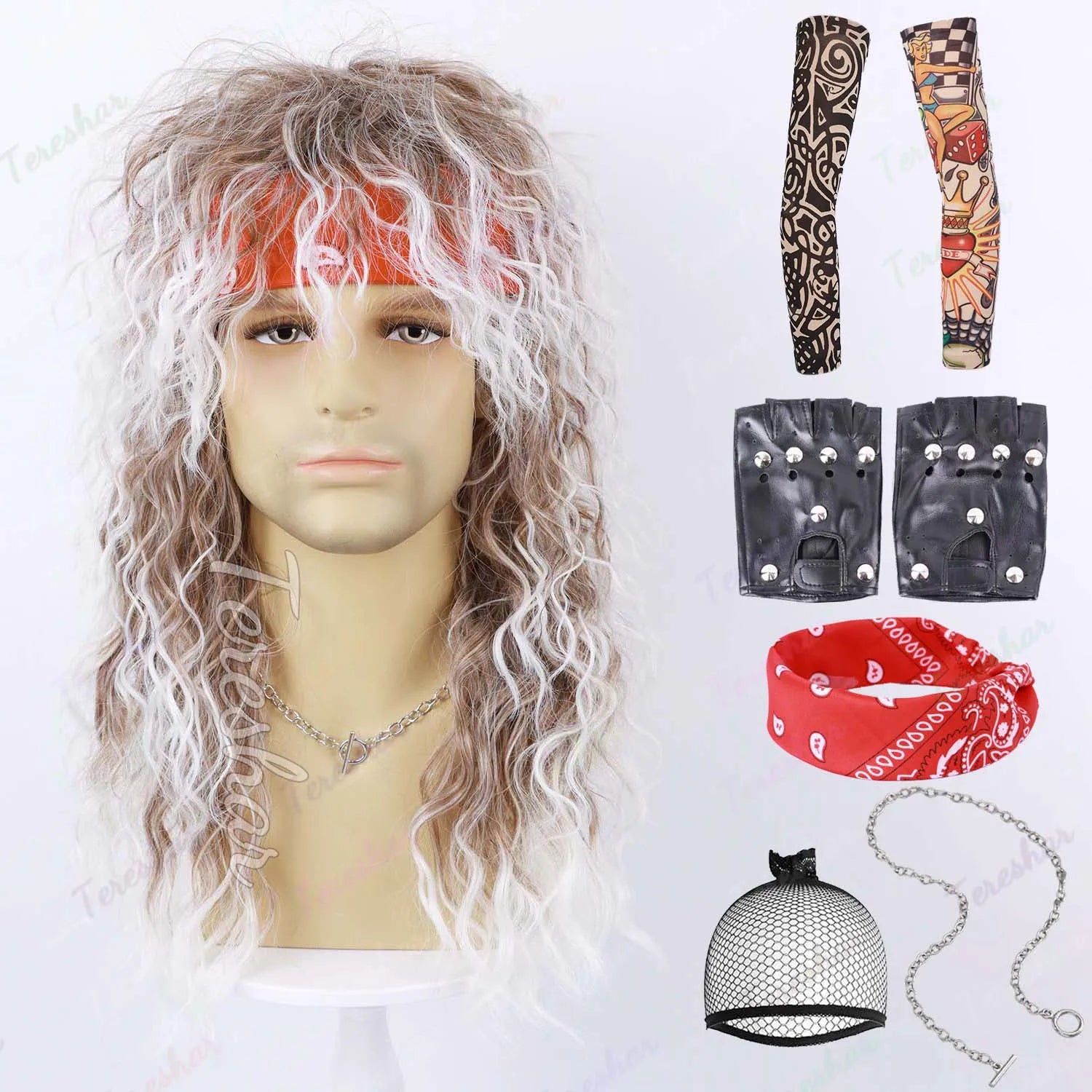 80s Rocker Synthetic Wigs for Men Mullet Wig Long Curly Hair Wig Kiss Wig Perfect for Halloween Cosplay DIY Themed Costume Party