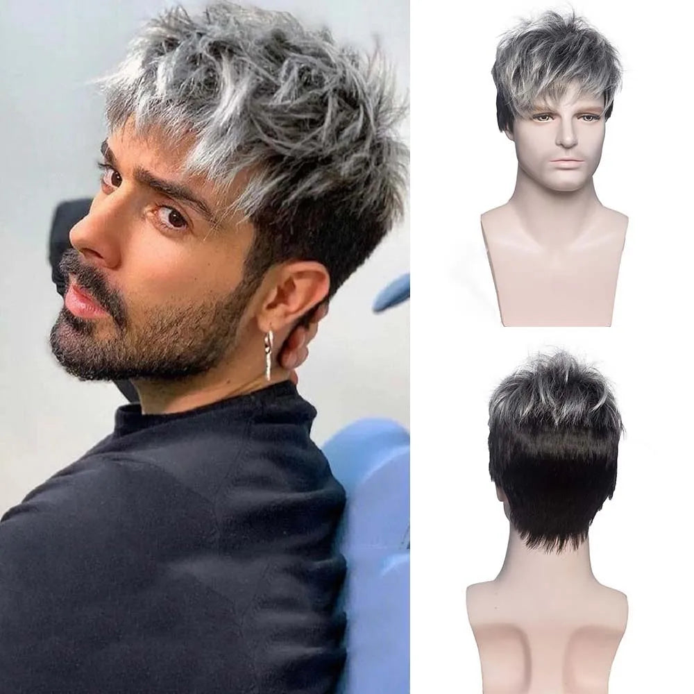 Men's Synthetic Wig Gray Mixed Black Short Hair Man Cosplay Hairstyle Toupee Good Gifts for Male Replacement Wigs