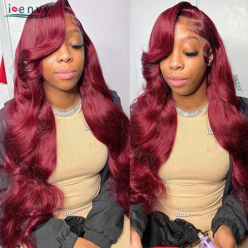 Burgundy Human Hair Wigs Pre Plucked Body Wave 13X4 Hd Lace Frontal Wig For Women Cherry Red Colored Curly Wig On Sale 30 34Inch