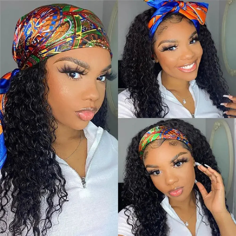 Curly Human Hair Wigs Water Wave Headband Wig No Glue No Lace 180 Density Brazilian Curly Wigs For Women Ready To Wear And Go