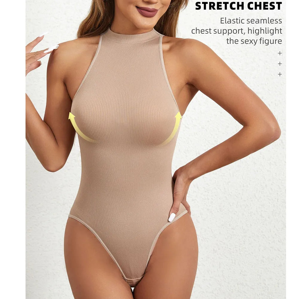 Women Round Neck Shaperwear Bodysuits Sleeveless Adjustable Buckle Tight Fitting Jumpsuit T-shaped Shapewear Corset