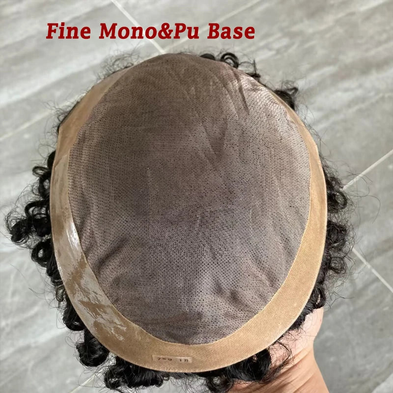 Men's Wigs Human Hair Super Durable Mono 20MM Curly Toupee Men Capillary Prosthesis Hair Unit Replacement System Pieces For Male