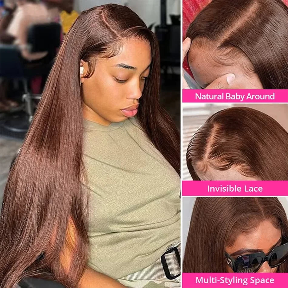 #4 Chocolate Brown Human Hair Wig 13x4 13x6 Hd Lace Frontal Wigs Pre Plucked 200% Density Straight Brown Human Hair Wig