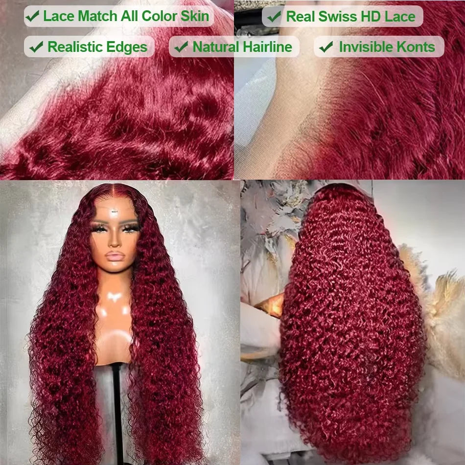 Burgundy 99J Red Colored Brazilian Human Hair Deep Wave 13x4 13x6 HD Lace Frontal Wig 220 Density Lace Frontal Wig For Women