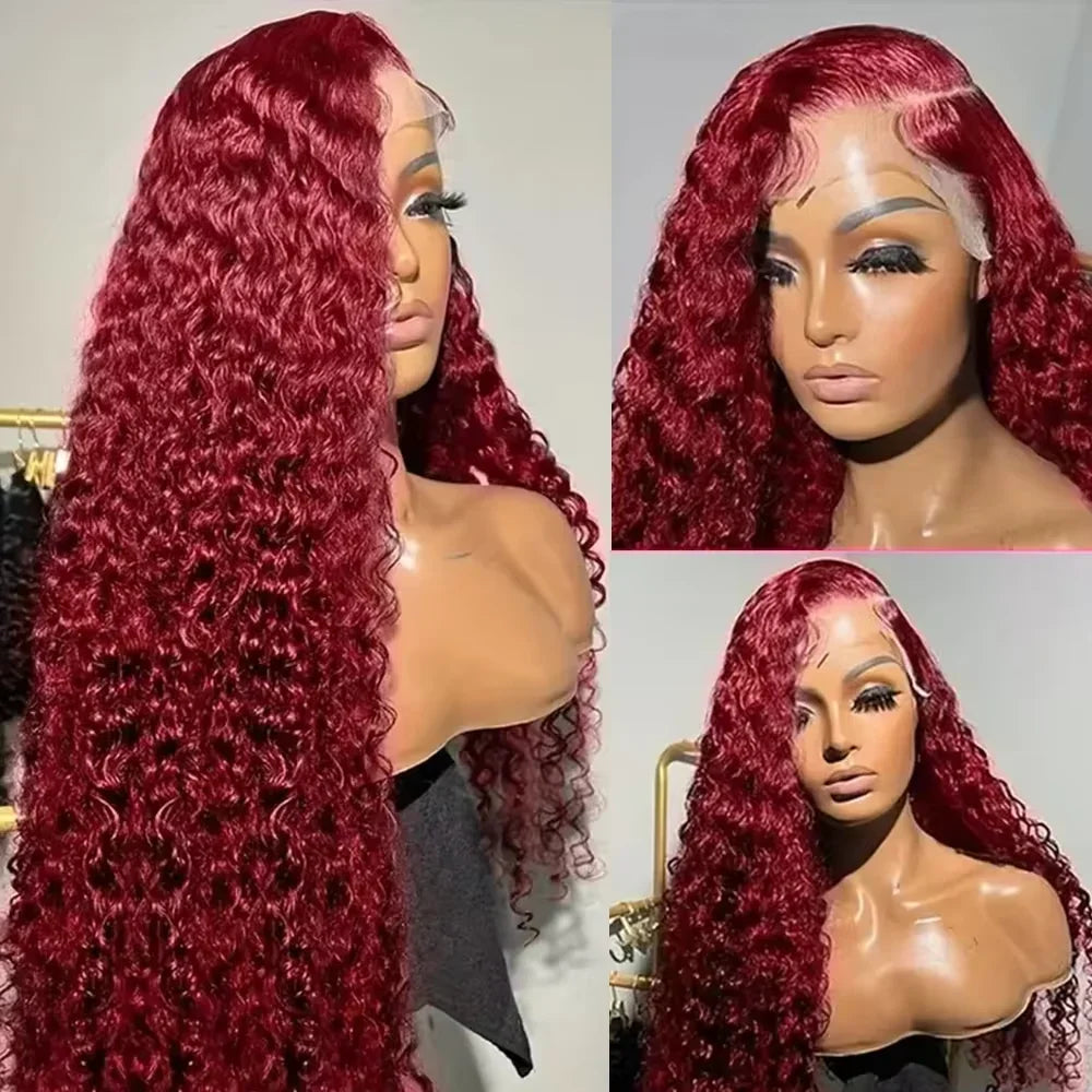 Burgundy 99J Red Colored Brazilian Human Hair Deep Wave 13x4 13x6 HD Lace Frontal Wig 220 Density Lace Frontal Wig For Women