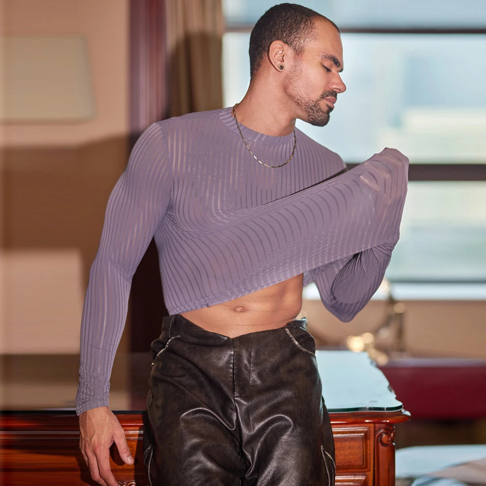 Sex Men Oil Glossy Shiny Breathable T-shrits Stripe Allure Shaper Top Bottom Wear Sheer See Through Elastic Shapewear