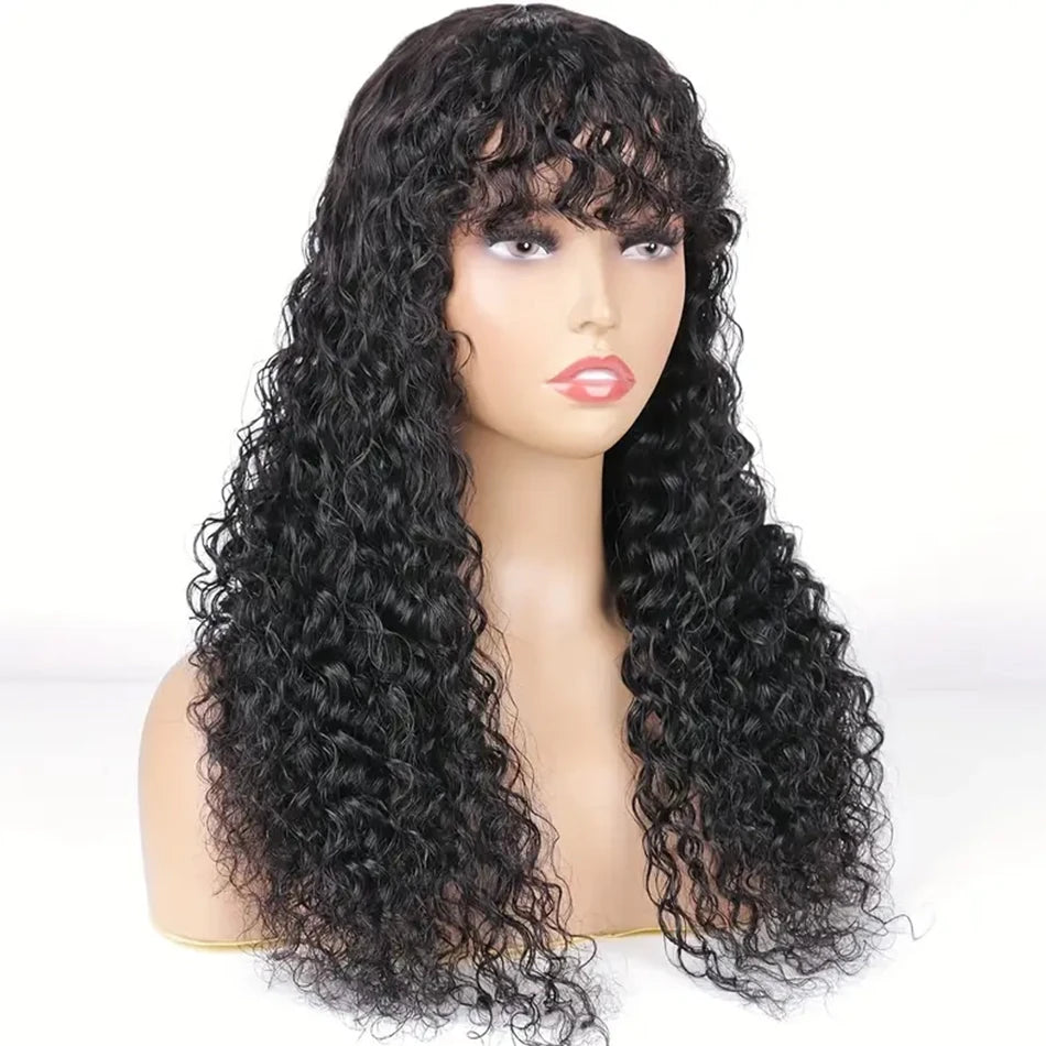 Curly Wig With Bangs Kinky Curly Human Hair Wig With Bangs Full Machine Made Frontal Wig 12A Water Wave Virgin Human Hair Wigs