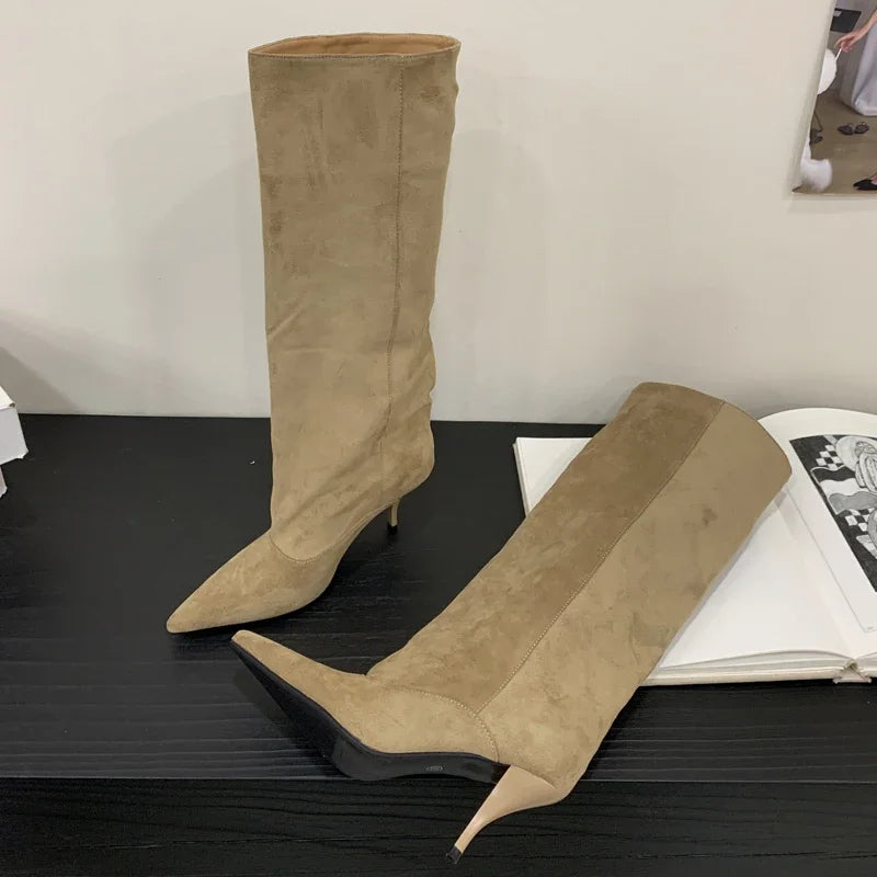 Fashion Vintage Thin Heels Women Knee High Boots Fashion Winter Sexy Pointed Toe Stripper Party Shoes Zapatos De Mujes
