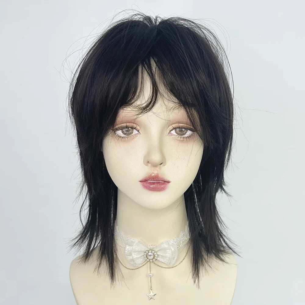 Short Mullet Head Wigs with Bangs Synthetic Straight Anime Men Black Gray Green Hair Wig for Daily Party Cosplay