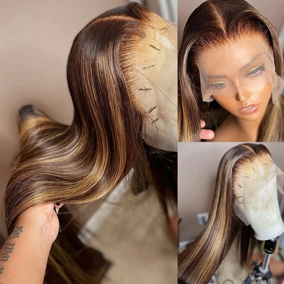 Highlight Wig 13x6 Human Hair Honey Blonde Brown Colored HD Lace Front Wigs For Women Pre Plucked Bone Straight Lace Frontal Wig