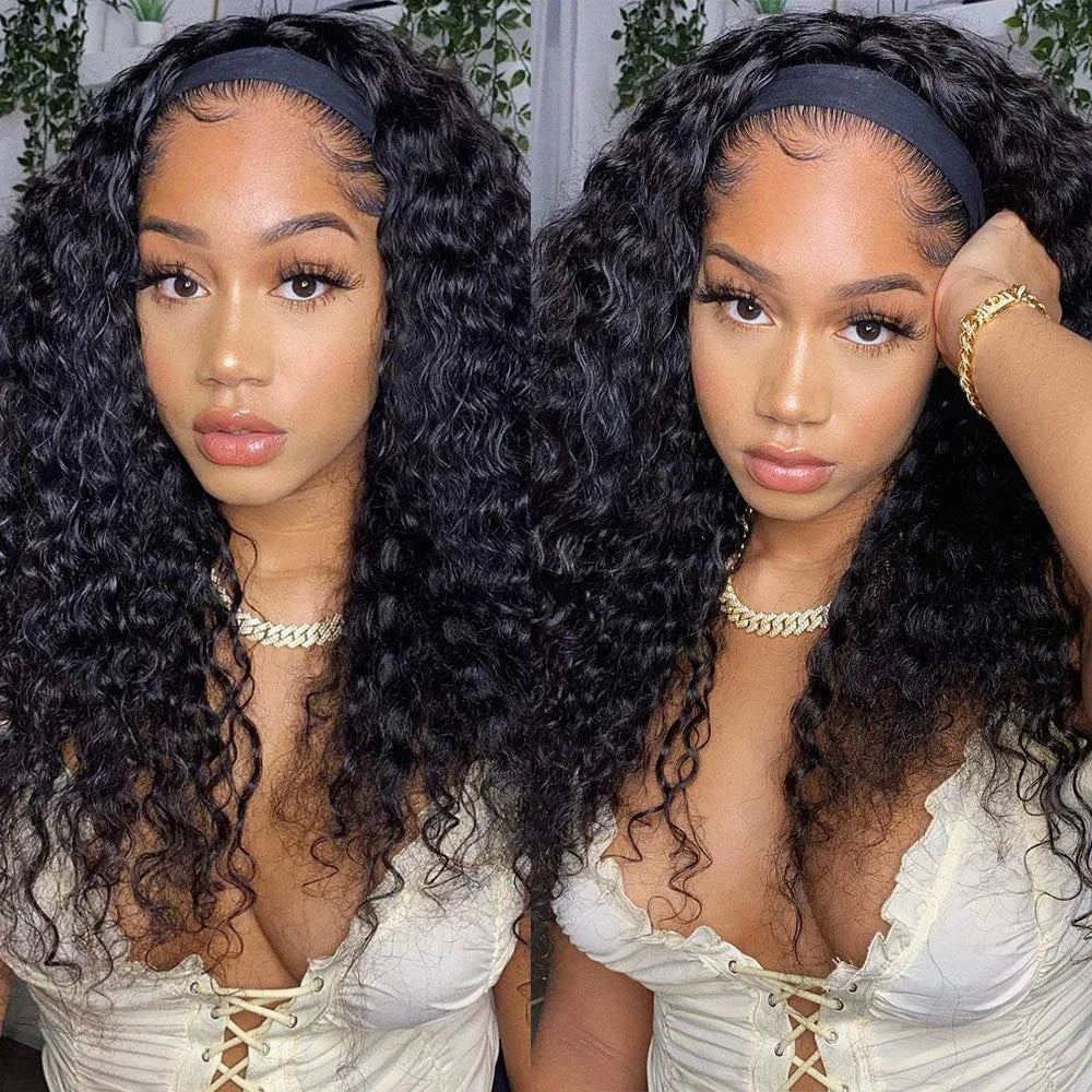 Curly Human Hair Wigs Water Wave Headband Wig No Glue No Lace 180 Density Brazilian Curly Wigs For Women Ready To Wear And Go