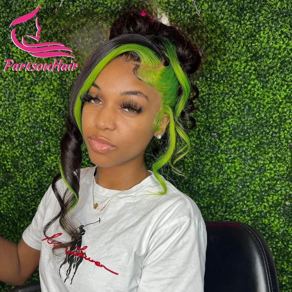 Highlight Human Hair Wig Green With Black 13x6 HD Transparent Lace Front Wigs Body Wave Colored Lace Frontal Wigs For Women