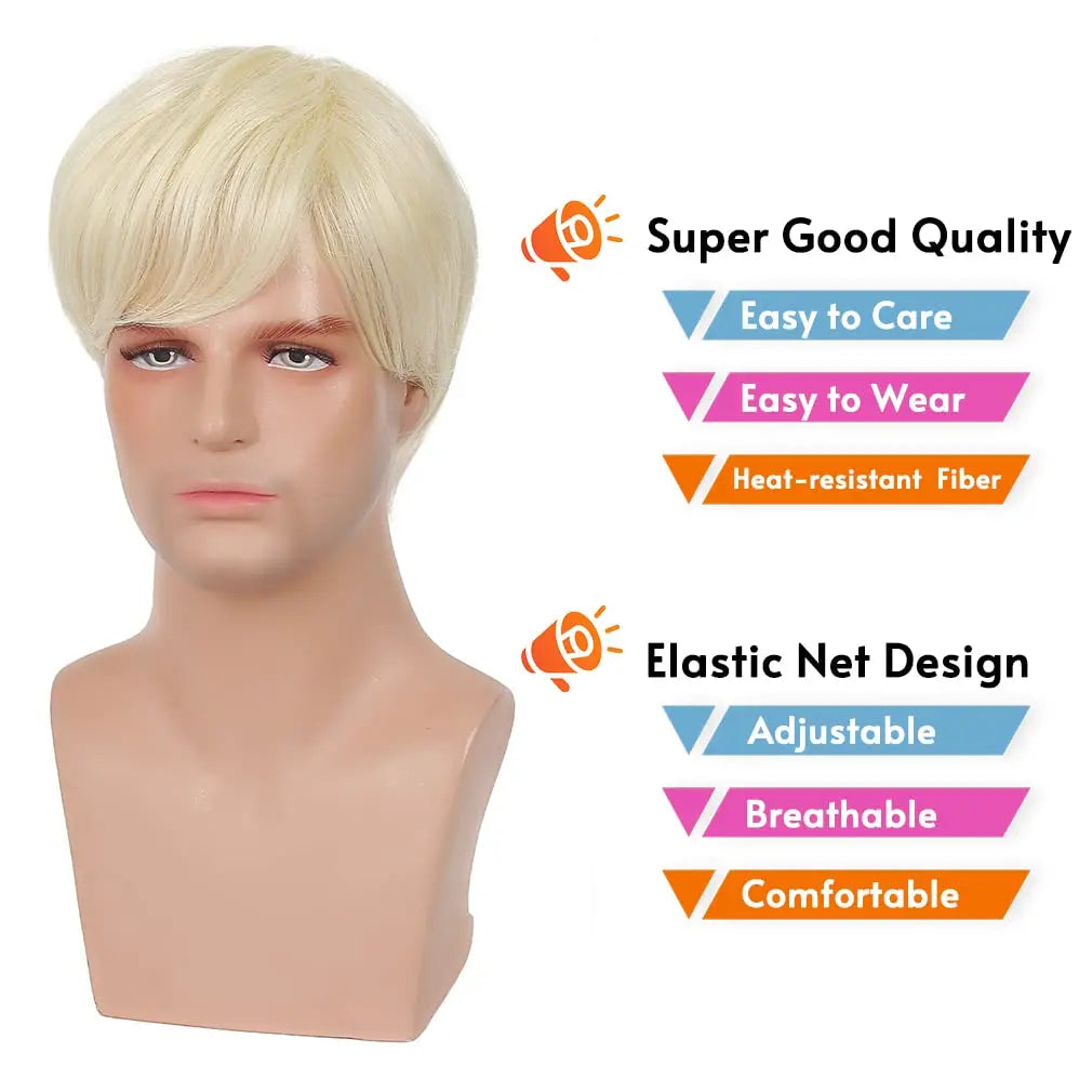 Mens Short Blonde Wig Natural Blonde Synthetic Hair Replacement Wig for Men Guys Short Blonde Cosplay Halloween Costume Party