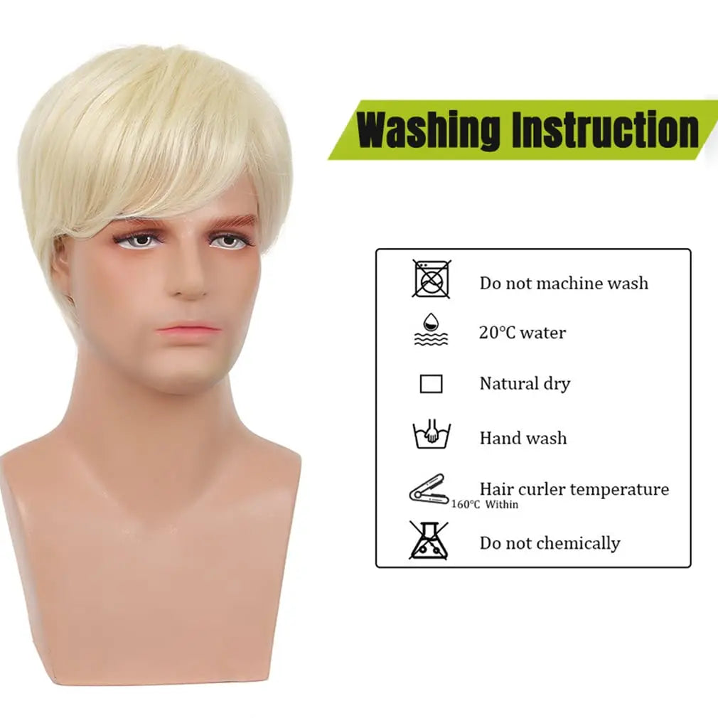 Mens Short Blonde Wig Natural Blonde Synthetic Hair Replacement Wig for Men Guys Short Blonde Cosplay Halloween Costume Party