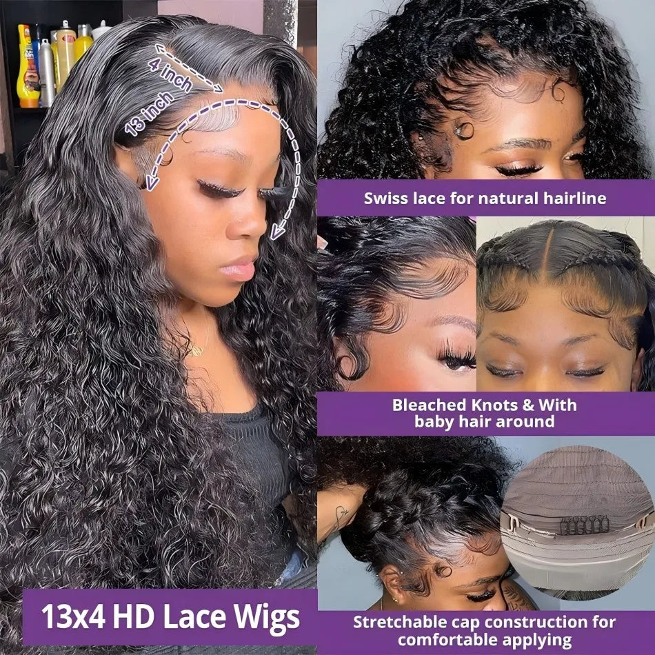 Deep Wave Human Hair Wigs 13X6 Hd Lace Frontal Wig Water Wave Lace Front Wigs Curly Brazilian Wigs 200 Density 40 Inch For Women