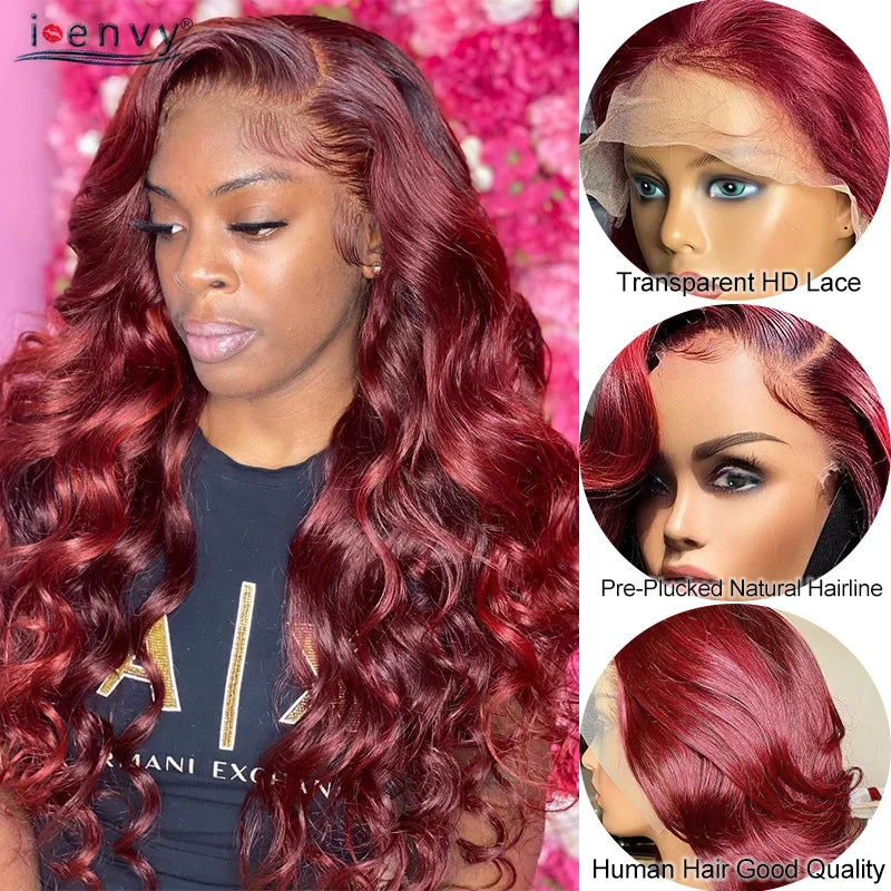 Burgundy Human Hair Wigs Pre Plucked Body Wave 13X4 Hd Lace Frontal Wig For Women Cherry Red Colored Curly Wig On Sale 30 34Inch