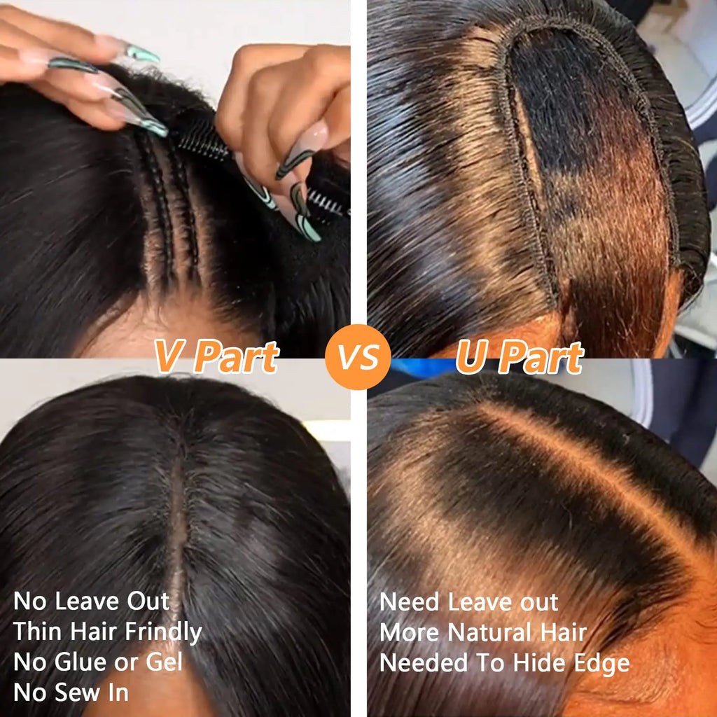 V Part Wigs Human Hair 100% Straight Human Hair Wigs No Leave Out Machine Made 250 Density Natural Black Beginner Friendly
