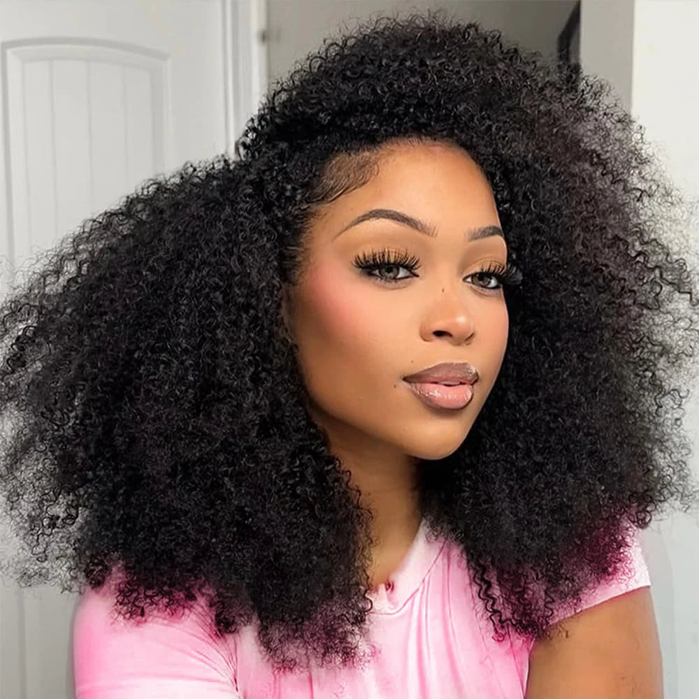 Glueless Human hair Wigs Kinky Curly Headband Wig Upgrade 3 IN 1 Half Wig With Drawstring Seamless Clip Ins Flip Over For Women