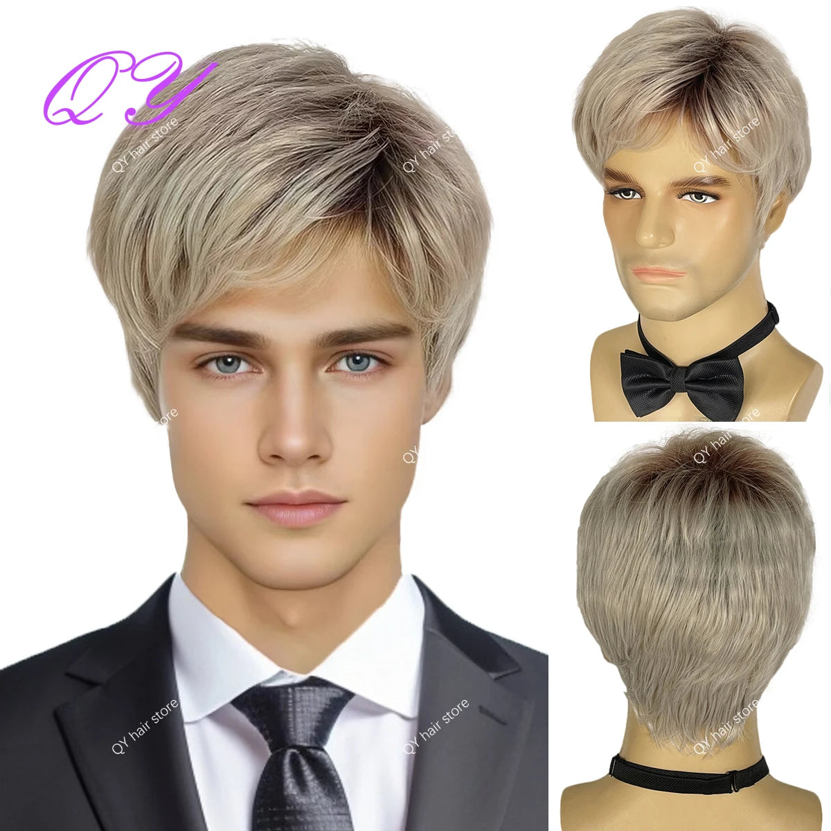Men's synthetic wig brown (# 4) short curly hair men's wig fashion style adjustable size breathable wig men's 2023