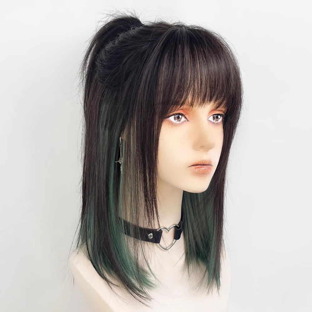 Short Mullet Head Wigs with Bangs Synthetic Straight Anime Men Black Gray Green Hair Wig for Daily Party Cosplay