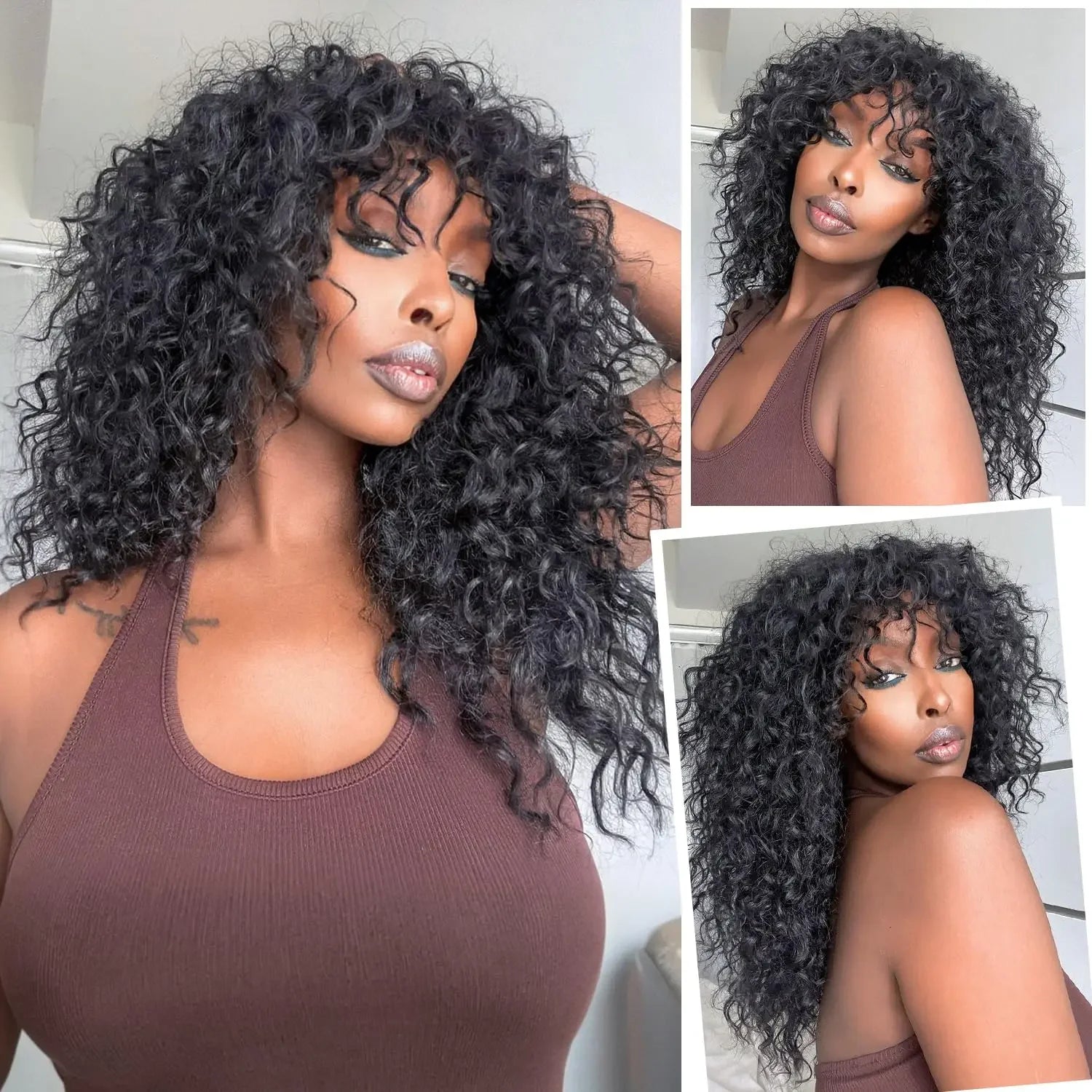 Brazilian Kinky Curly Wig Human Hair Wigs With Bangs Full Machine Made Wigs Cheap Remy Human Hair Culry Glueless Wig For Women
