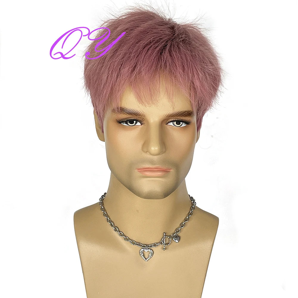 Men's synthetic wig brown (# 4) short curly hair men's wig fashion style adjustable size breathable wig men's 2023