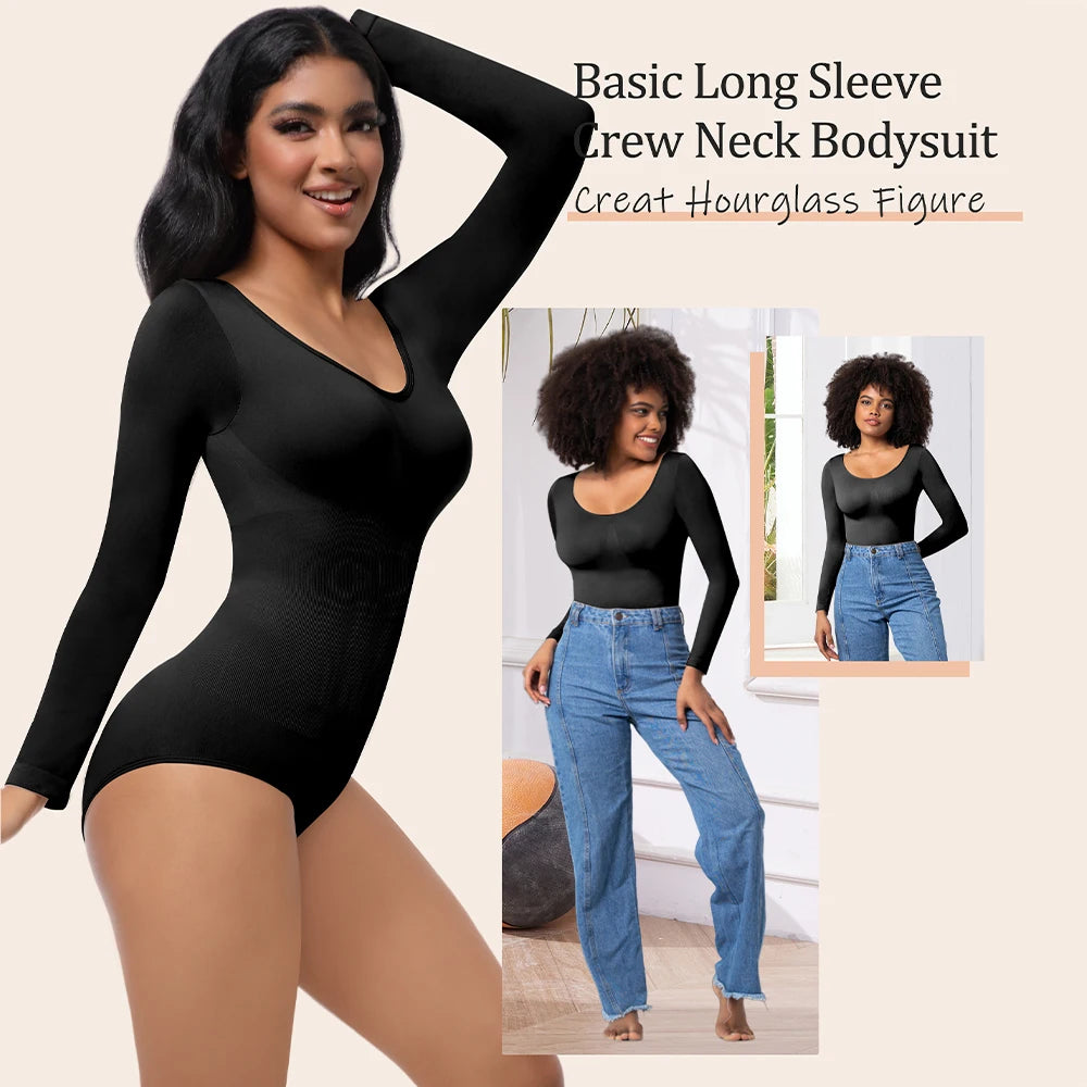 Bodysuits Shapewear for Women Thong Shaper Corsets Long Sleeve Seamless Waist Trainer Crew Neck BodySuit