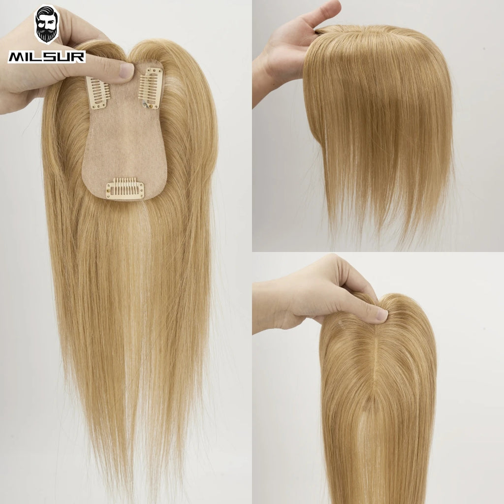 Human Hair Toppers Brown Natural Hair Wig For Women Clips In Hair Toppers 10'' Straight Hair Breathable Machine Made 7x11cm Base